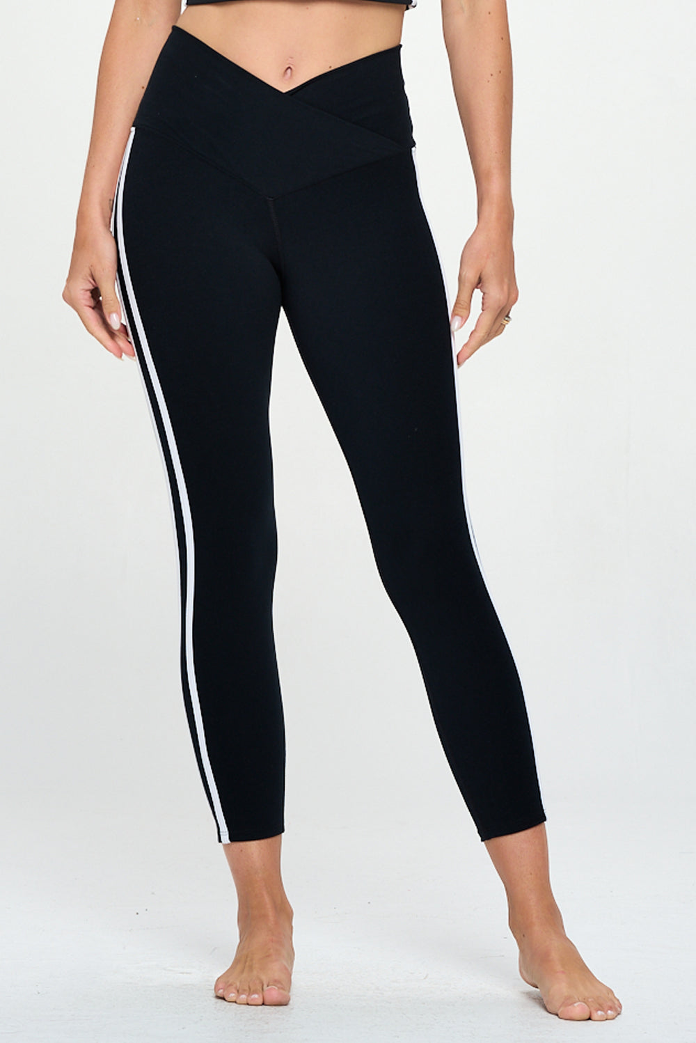 Diana - Black - White Side Stripes - Cross Over - Capri Legging (High- –  EVCR