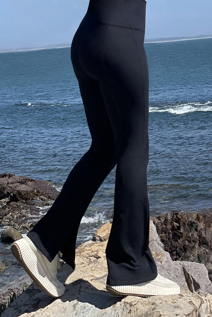 Victoria - Solid Black - Split Flare Comfortable Legging (High - Waist)