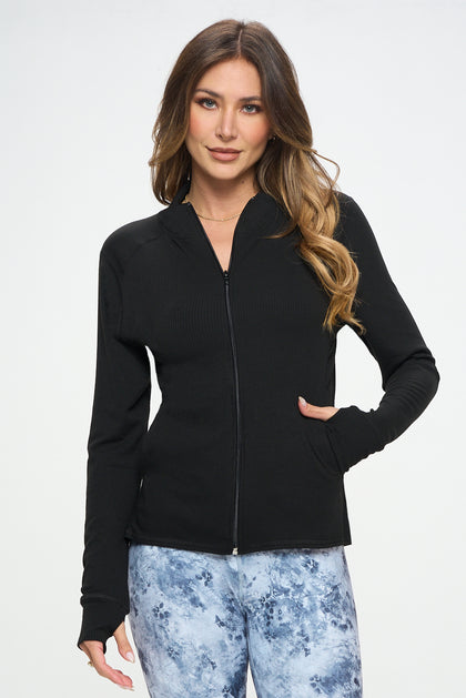Angela - Black Rib Jacket w Pockets & Tumbholes
