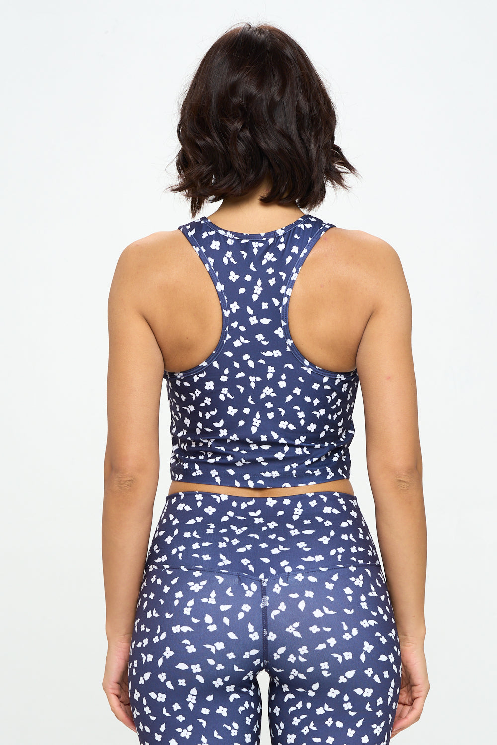 Paige - Navy White Floral Spots Compression Crop Tank (Built-in support) - LIMITED EDITION