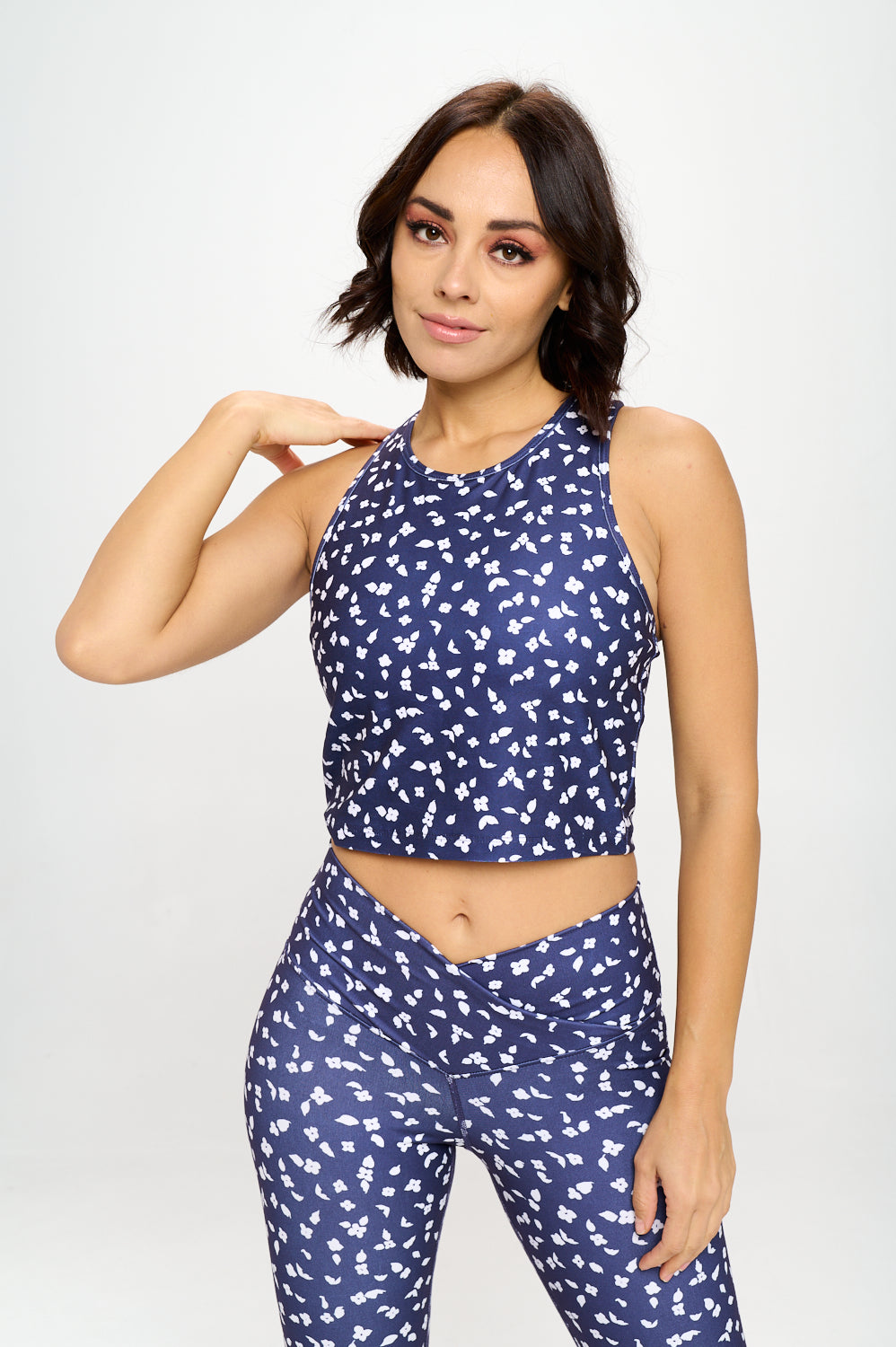 Paige - Navy White Floral Spots Compression Crop Tank (Built-in support) - LIMITED EDITION