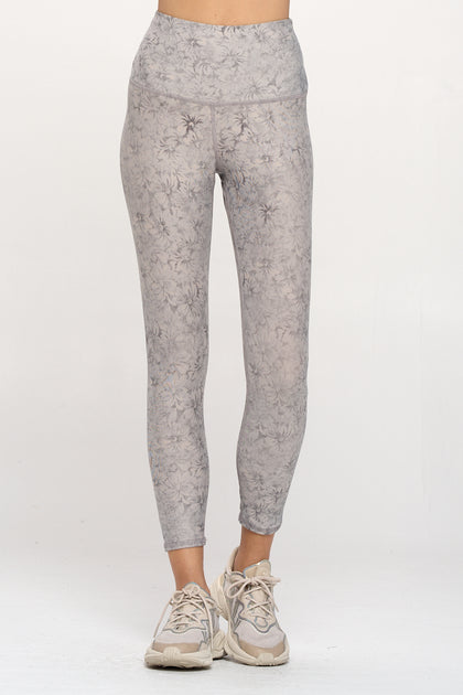 Grey all over floral print high waisted womens legging with a 7/8 middi cut