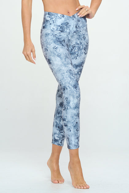 Cristina - Grey Floral Bluish Cross Over 7/8 Legging (High - Waist)