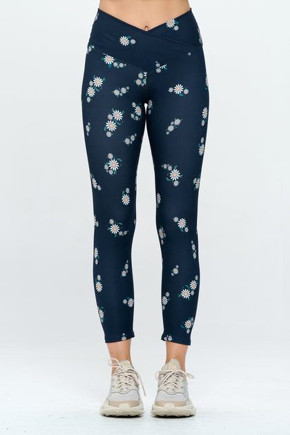 Cristina - Navy Raining Daisies Cross Over 7/8 Legging (High-Waist)**Sale**