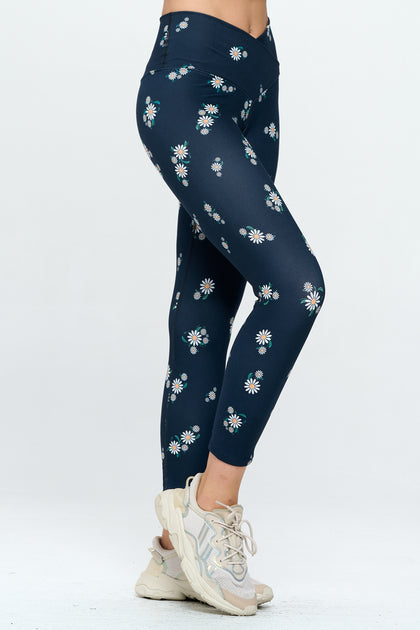 Cristina - Navy Raining Daisies Cross Over 7/8 Legging (High-Waist)**Sale**