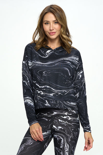 Black and White Marble Wash Long Sleeve With Thumb Holes Hoodie