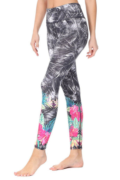 Women's Legging with Palm Tree Leaves and Tropical Flowers 