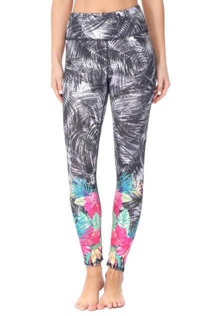 Women's Legging with Palm Tree Leaves and Tropical Flowers 